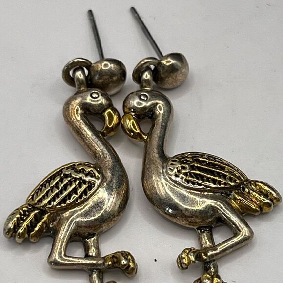 ML Flamingo pierced earrings, gold and silver tone - Picture 2 of 6